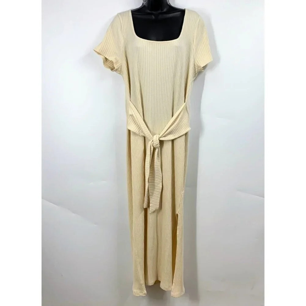 Topshop Women's Ribbed Knit Tie Waist Beige Midi Slit Dress Size 14‎ NWT